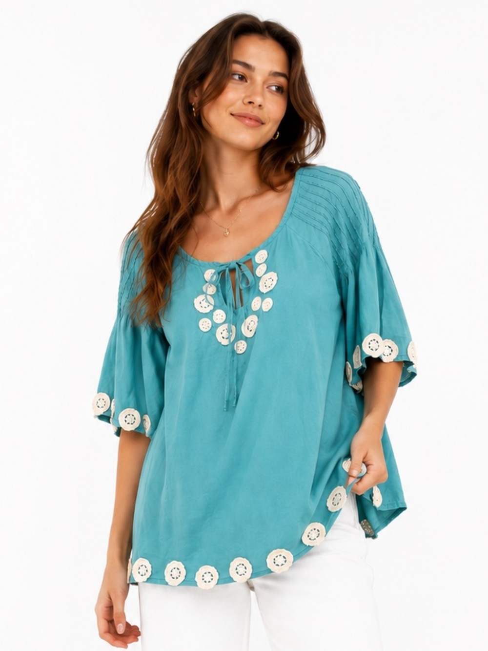Matilda Jane Boho Crochet Trim Cotton Tunic Top Teal Relaxed Fit M